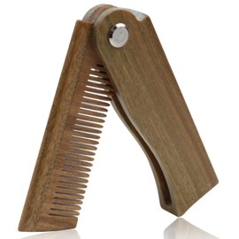 Folding Green Sandalwood Beard Comb for Men, Natural Wood Comb for Grooming Beards, Mustaches, and Hair, Compact and Travel-Friendly