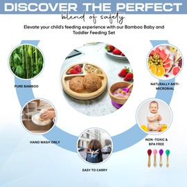 Teeny Weany® Bamboo Baby Feeding Set Round Toddler Plate Suction Bowl Baby Spoon for Weaning Cherry Red