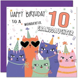 10th Granddaughter Birthday Card - Childrens Cute Cat Grandaughters Birthday Card for 10 Year old Kids ten, tenth