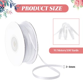 Satin Ribbon White, Gift Ribbon 3 mm x 91 m Decorative Ribbon White for Crafts Gifts Packaging, Satin Ribbon Fabric Ribbon Silk Ribbon for Birthday Wedding Christmas Christening Decoration