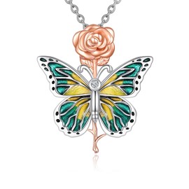 YAFEINI Butterfly Chain Rose Flower Pendant Necklace 925 Sterling Silver Butterfly Jewellery Gift for Women Mum Girls, Sterling Silver, Cubic Zirconia