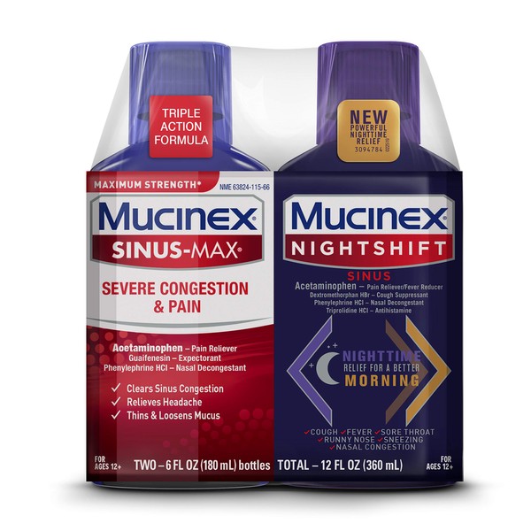 Mucinex Maximum Strength Sinus-Max Severe Congestion & Pain & Nightshift Sinus Liquid, 6 Fl Oz (Pack of 2)