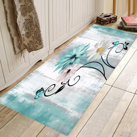 Teal Runner Rug for Hallway 2x6,Daisy Floral Flowers and Butterfly on Country Wooden,Area Rug Hallway Rugs Non-Slip Floor Carpet for Bedroom Entrance Doormat Bathroom Runner Rug Washable Kitchen Rug