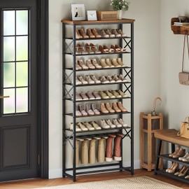 YATINEY 9-Tier Tall Shoe Rack for Entryway, Freestanding Boot Rack Organizer, Sturdy Shoes Shelf Holds 24-32 Pairs of Shoes and 3 Pairs of Boots, Space Saving, Black and Rustic Brown SS19BR