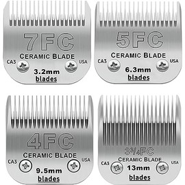 Size 7FC/5FC/4FC/3FC Detachable Pet Dog Grooming Clipper Ceramic Blades Set,Compatible with Andis,Oster A5,Wahl KM Series Clippers,Cut Length 1/8"(3.2mm) to 1/2"(13mm),4 Pack