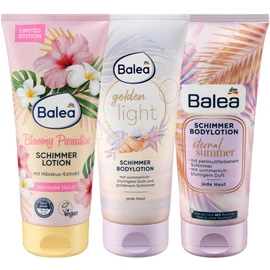 Balea Set of 3 Shimmer Lotion: Body Lotion Bloomy Paradise Golden Glow (200 ml) + Golden Light Lotion with Gold Shimmer (200 ml) + Body Lotion ETERNAL SUMMER Pearlescent Shimmer (200 ml), 600 ml