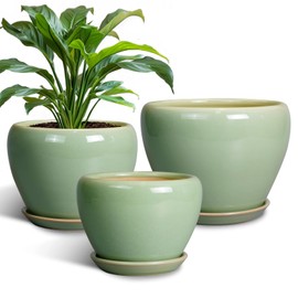 EPFamily Ceramic Pots for Plants - 10/8/6 Inch Flowers Planters with Drainage Holes and Saucers for Indoor Outdoor, Decorative Modern Home House Office Room Decor, Set of 3, Green