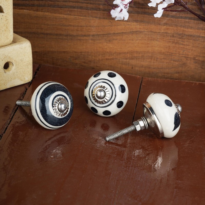 Ajuny Set of 12 Black and White Ceramic Knobs Handpainted