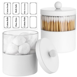 Gaussra White Apothecary Jars, White Qtip Holder - Stainless Steel Bathroom Jar with Stickers - Farmhouse Decor Qtip Dispenser for Qtips, Cotton Balls, Swabs, Makeup Sponges (2-Pack)