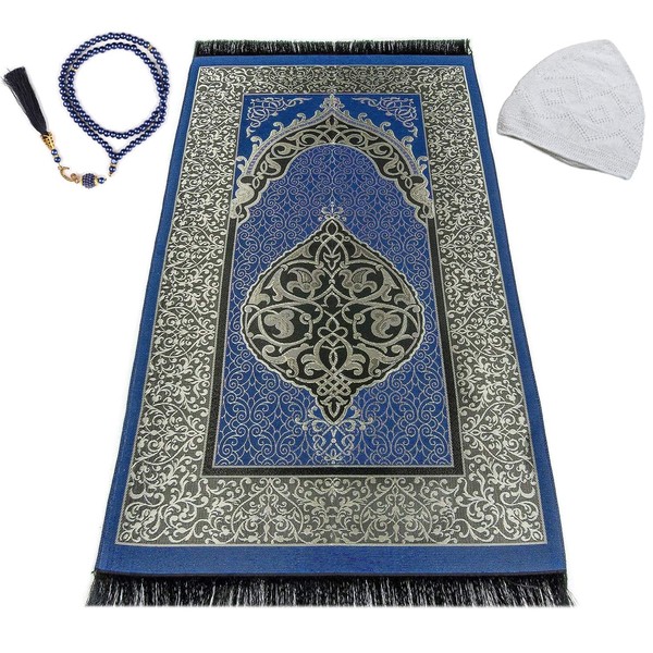 POLAT Muslim Prayer Rug - Prayer Mat Muslim for Men and Women - Perfect Ramadan Gifts - Kufi Hat - Special Turkish Design Portable Prayer Mat, Prayer Beads and Prayer Cap (DarkBlue)