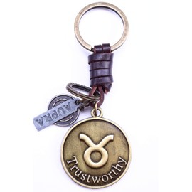 AuPra Taurus Zodiac Leather Keyring Best Friend Gift Idea Women & Men Safe House Keychain Bull Horoscope Simbol Charm Girl & Boy Friendship Small Present Car Key Ring Pendant