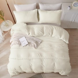 Fondream Beige Duvet Cover Set Double Size Pompom Tassels Design Bedding Sets Soft and Lightweight Microfiber Duvet Cover(Beige, 3PCS)