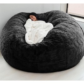 Giant Fur Bean Bag Chair Cover for Kids Adults, (No Filler) Living Room Furniture Big Round Soft Fluffy Faux Fur Beanbag Lazy Sofa Bed Cover (Black, 7FT)