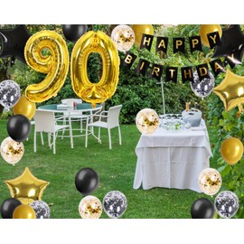 90th Birthday Decorations Black Gold for Men Women, Happy Birthday Banners Number 90 Birthday Balloons Star Foil Confetti Balloons for Him Her Mum Dads 90 Years Old Birthday