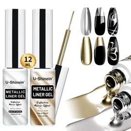 U-Shinein 2x12ml Metallic Mirror Silver & Bronze Gold Metal Painted Drawing Gel with Build in Thin Brush, Chrome Gel Polish Nail Art Gel Liner UV/LED Soak Off Home DIY Nail Art Manicure