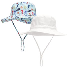 Mini angel Baby Sun Hat Kids Summer UPF 50+ Sun Protection Hat Beach Wide Brim Hat Bucket Hat for Kids 2 Pcs(White+Blue Seahorse, 2-6 Years)