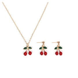 Fuqimanman2020 18K Gold Plated Sweet Red Cherry Fruit Drop Dangle Earrings Pendant Necklace Set Crystal Christmas Fruit for Women Statement Aesthetic Jewelry