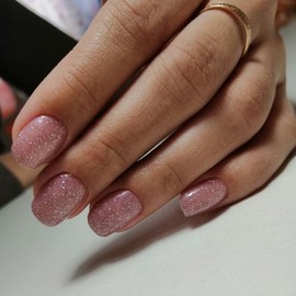 24PCs Press On Nails, Short Square Medium Shape, Solid Dark Color Fake Nails, Stick on Nails Glue on Nails Short Coffin False Nails (Pink Glitter)