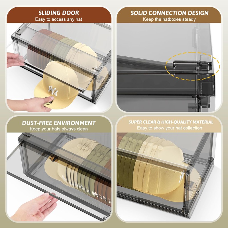 SCAVATA 2 Pack Large Hat Organizer Box, Stackable Clear Baseball