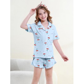 QZH.DUAO Pajama Sets for Girls,100% Cotton Button up Soft Sleepwear With Ruffle 2PCS PJ Set Nightwear for kids, Blue & Cherry, 7-8 Years = Tag 140