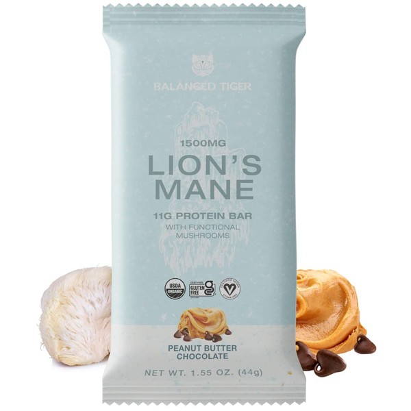 Organic Lion's Mane Mushroom Protein Bars | Made in USA | Full Dose (1500mg), Vegan Protein Bars, Gluten Free Protein Bars, Superfoods Protein Bars | Peanut Butter Chocolate Flavor | 12 Count