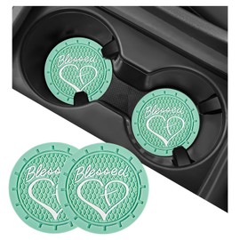 SHMZK 2 PCS Car Cup Holder Coaster, 2.76 Inch Blessed Cross and Heart Vehicle Insert Cup Coasters, Anti-Slip Shockproof PVC Drink Cup Mats for Most Vehicles, Car Accessories (Light Green)