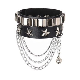 Leather Bracelet for Woman Men Black Cuff Chunky Silver Skull Star Punk Goth Mens Jewelry Gift (Star)