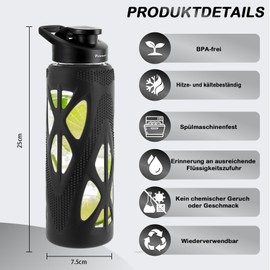 poweco 24oz Glass Water Bottle with Silicone Sleeve and Spout Lid - High Borosilicate Glass, Wide Mouth, Leakproof with Handle, BPA-Free, Perfect for Hydration on the Go (Deep Black)