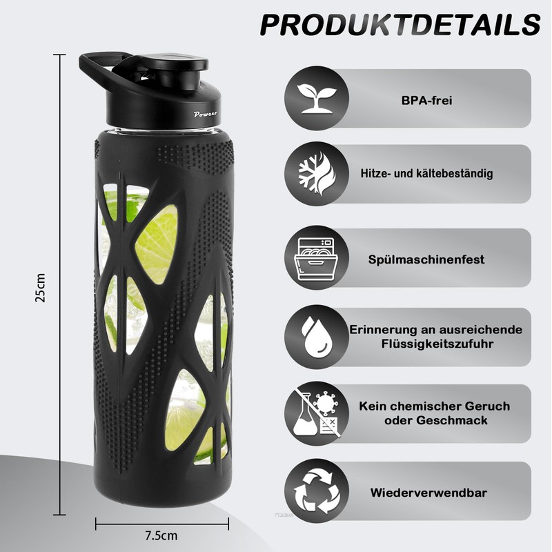 24oz Glass Water Bottle with Silicone Sleeve and Spout Lid