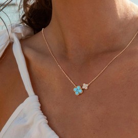 MYEARS Gold Necklace for Women Flower Pendant Sideways Double Four-leaf-clover Link December Birthstone Turquoise Cubic Zirconia 14K Simple Dainty Chain Floral Lucky Jewelry Gift