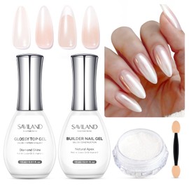 SAVILAND Chrome Nail Powder Kit: 15ml Plant-Based Milky White Builder Nail Gel Kit with 3-Step Glazed Donut Nails Unicorn White Pearl Chrome Powder, Top Gel & Sponge Stick Home Manicure DIY Salon Use