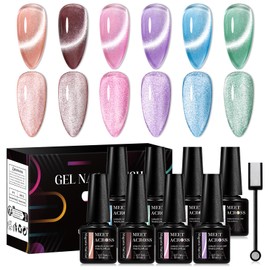 MEET ACROSS Magnetic Gel Polish, Cat Eye Gel Nail Polish With Base & Top Coat Magnetic Stick, Soak Off UV LED Cat Eye Gel Polish Manicure Nail Art Gift Kit - Cateye Gel Nail