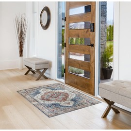 Creative Home Ideas Printed Chenille Accent Rugs - for Bedroom, Kitchen, Living Room, Entryway, Hallway, Playroom - Posey Pattern - Non Skid & Washable, 31.5" x 50", Blue