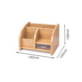 Wooden Desktop Organiser, Pen Holder Caddy with Compartments and Drawer, Multifunctional Office Home School Storage for Stationery, Bamboo Grain