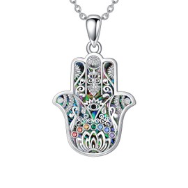 LEECCI Chakra Hamsa Necklace 925 Sterling Silver Evil Eye Hamsa Hand Pendant Lotus Hamsa Jewelry for Women