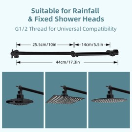 iFealClear Adjustable Shower Head Extension Arm, 16" Brass Shower Head Extender Lower Raise Rain or Fixed Showerhead to Your Height & Angle, G1/2 Shower Arm Extension with Lock Joint, Matte Black