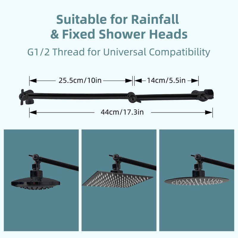 iFealClear Adjustable Shower Head Extension Arm, 16" Brass Shower Head