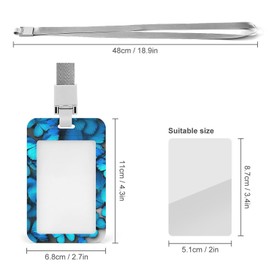 Push Pull Badge Holder with Removable Lanyard, Funny ID Holder Keychain Vertical ID Protector Clip, Stylish NameMany Blue Butterfly Tag Holder with Heavy Duty Badge Reel