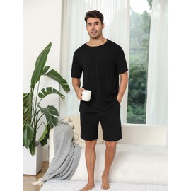 EISHOPEER Pajamas 2 Piece Lounge Sets Ribbed Knit Matching Outfits T-Shirt and Shorts Sleepwear Loungewear Summer Sweatsuits Black Medium