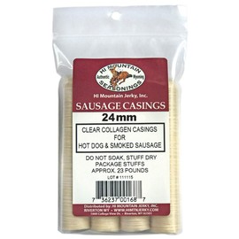 Hi Mountain Seasonings | 24 mm HOT DOG CASINGS | Clear, Edible, Collagen Sausage Casings | Also Great for Brats, Polish, & Italian Sausage Links | Beef, Pork, Venison | Creates up to 30 lbs.