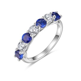 925 Sterling Silver Blue Sapphire and White Birthstone Ring for Women 7 Stone Moissanite Eternity Wedding Band Size 7