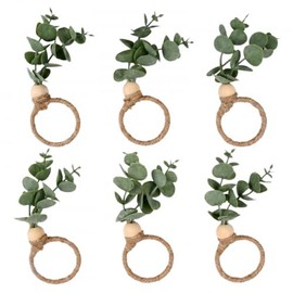 Merzio 6 Pcs Rustic Eucalyptus Napkin Rings Set, Farmhouse Boho Green Leaf Wood Bead Napkin Holder for Spring Fall Thanksgiving Christmas Easter Wedding Family Banquet and Table Decor