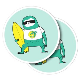 Vinyl-Aufkleber, rund, 10 cm, lustiges Surfen, Faultier, Surfen, Blumen-Surfen, für Laptops, Tablets, Gepäck, Scrapbooking, Kühlschränke #58756, 2 Stück