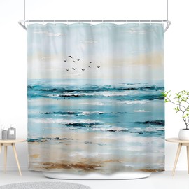 SVBright Abstract Beach Shower Curtain 72Wx72L Inch Beachy Coastal Teal Blue Summer Ocean Sea Oil Painting Seagull Hawaii Nature 12 Pack Hooks Polyester Waterproof Fabric Bathroom Bathtub Panels