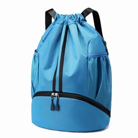 Hoedia Sports Drawstring Backpack - String Swim Gym Bag with Shoes Compartment and Wet Proof Pocket for Women/Men (Sky Blue)