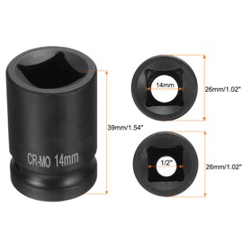 sourcing map 4 Point Square Socket 1/2" Drive 14mm Metric Square Impact Socket CR-MO Blackening Standard Wheel Sockets Pneumatic Socket Tool for Auto Repair Mechanical Maintenance Home Use