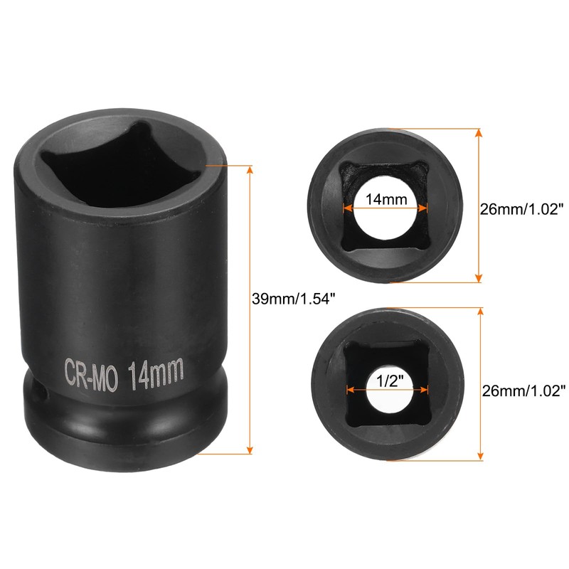 sourcing map 4 Point Square Socket 1/2" Drive 14mm Metric