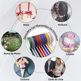 10 Rollos liston Satinado Decoracion Colores Mezclados 2200cmX1.2cm Disponible para moños para Regalo,Boda,Ramos, Tocados,liston navideño,san valentin decoracion,Dia de La Madre