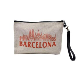Canvas Bag - Cities of the World Collection Minimalist Style Travel Tourism Postcard - Linen Look Cosmetic Bag - Toiletry Bag - Purse, Barcelona, Cosmetic bag
