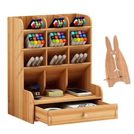 Marbrasse Wooden Desk Organizer, Multi-Functional DIY Pen Holder, Organizer for desk, Desktop Stationary, Easy Assembly, Home Office Art Supplies Storage with Drawer (B11-Cherry Color)